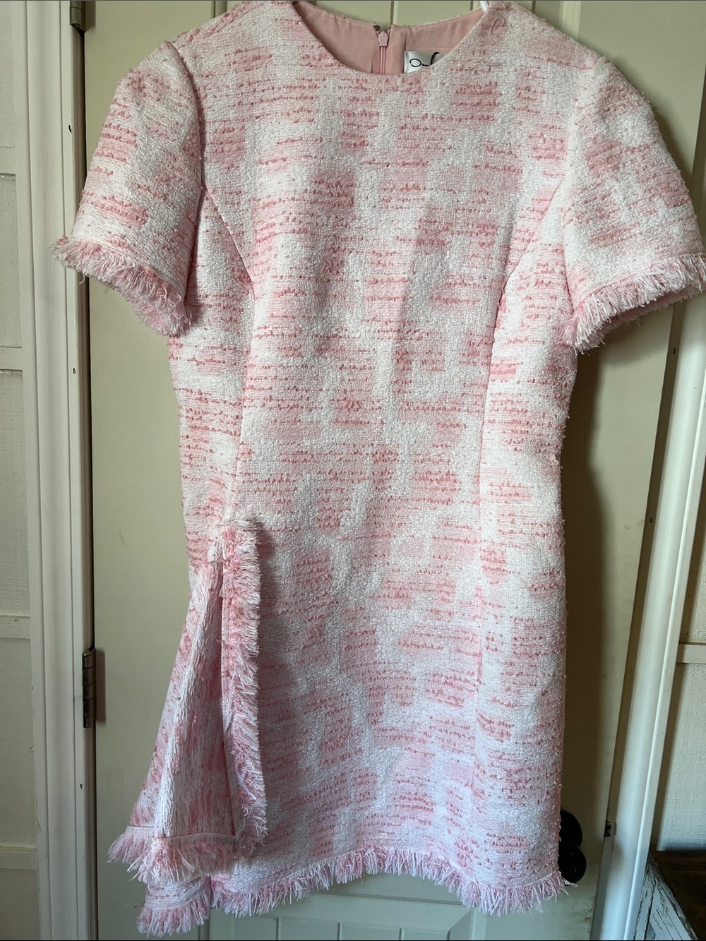 Oscar de la Renta Pink and White fringed Tweed Short-Sleeve Dress